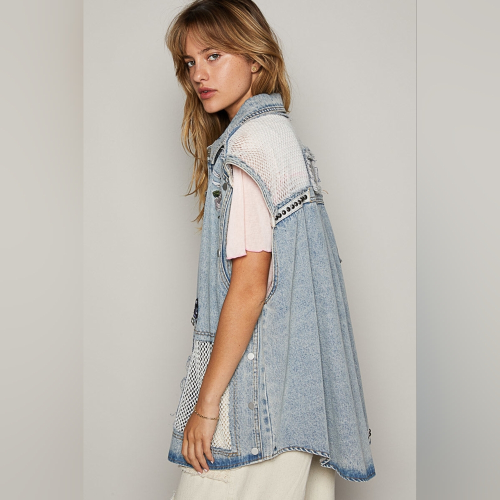 POL Denim Patchwork Embroidered Studded Fishnet Button-Up Vest – Size Small, NWT - Picture 3 of 10